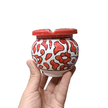 Moroccan Ceramic Ashtray with Lid – Hand-Painted Red Floral Design
