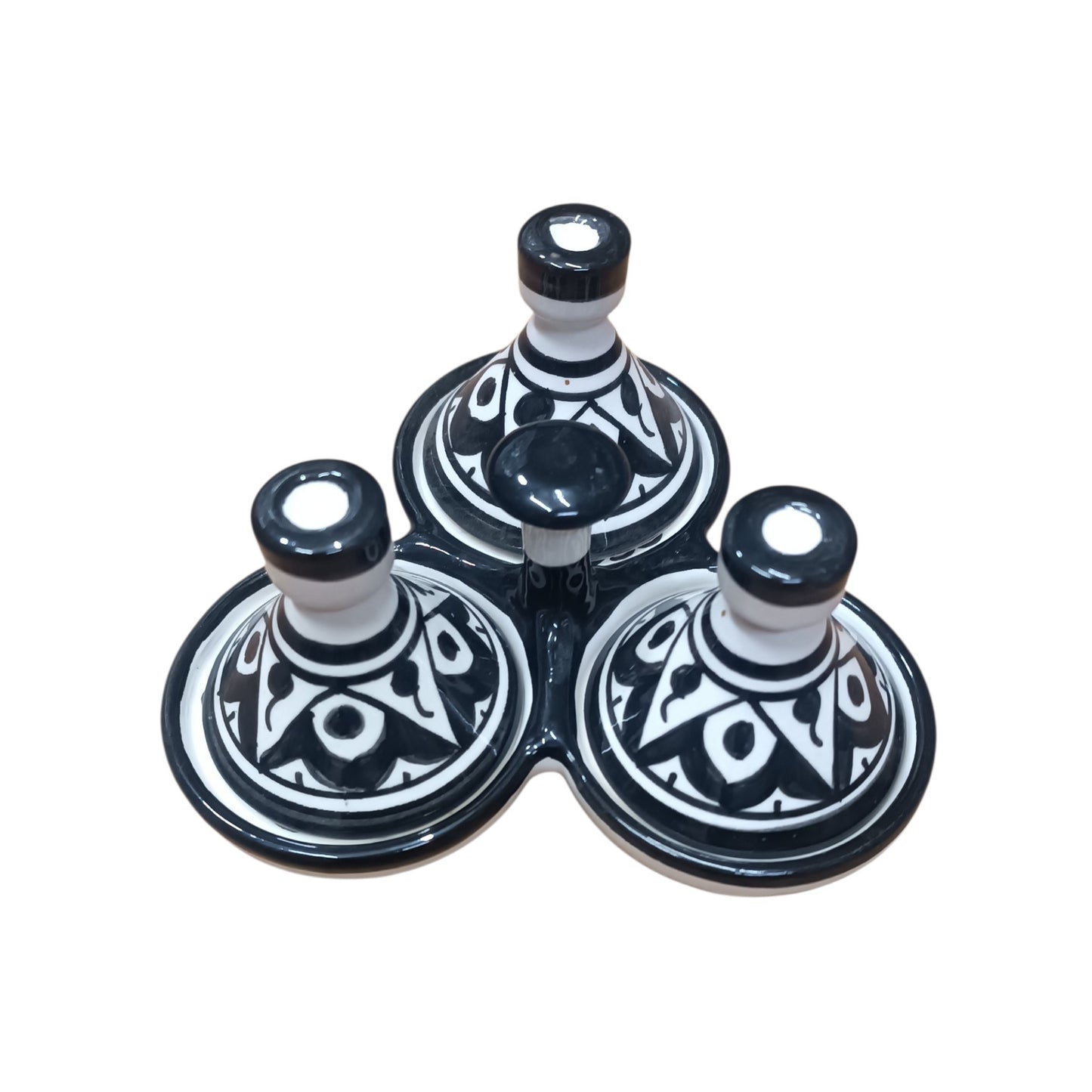 Moroccan Black & White Ceramic tagine 3-Compartment Spice & Condiment Set