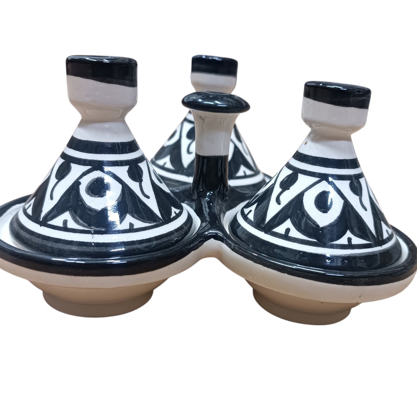 Moroccan Black & White Ceramic tagine 3-Compartment Spice & Condiment Set