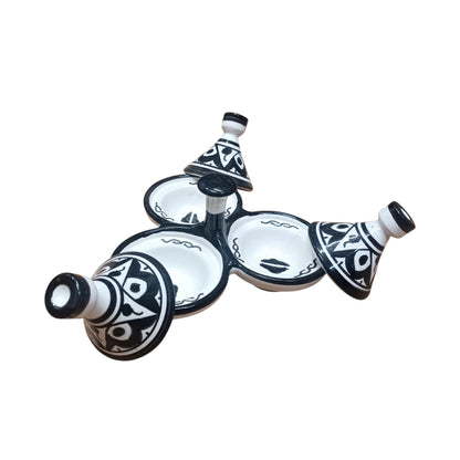 Moroccan Black & White Ceramic tagine 3-Compartment Spice & Condiment Set