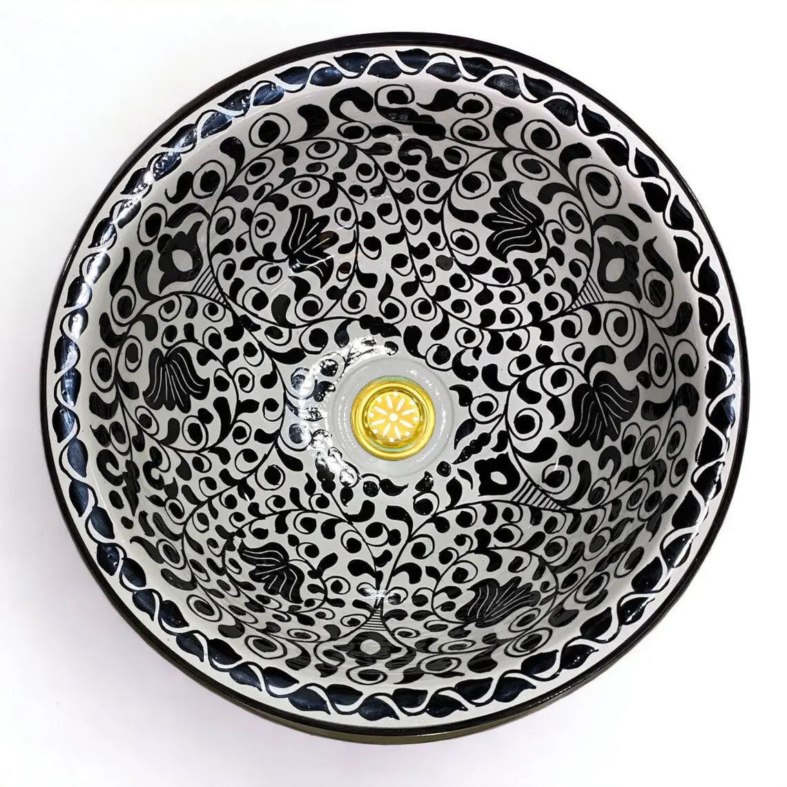 Handcrafted Moroccan Ceramic Sink – Black & White Floral Design
