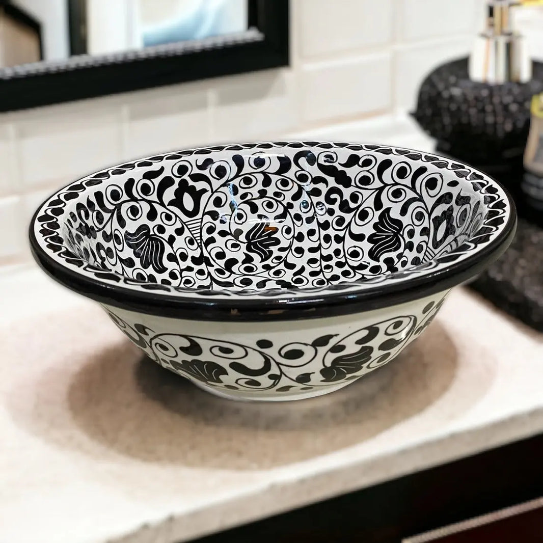 Handcrafted Moroccan Ceramic Sink – Black & White Floral Design
