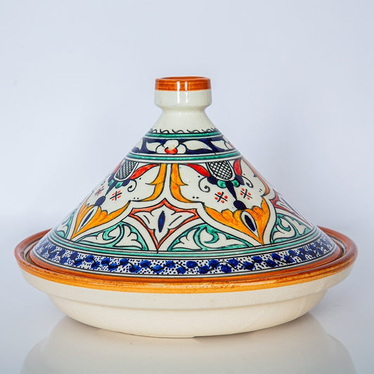 Hand-Painted Moroccan Tagine with Floral Design – 30cm Wide – White Clay – Dishwasher & Microwave Safe
