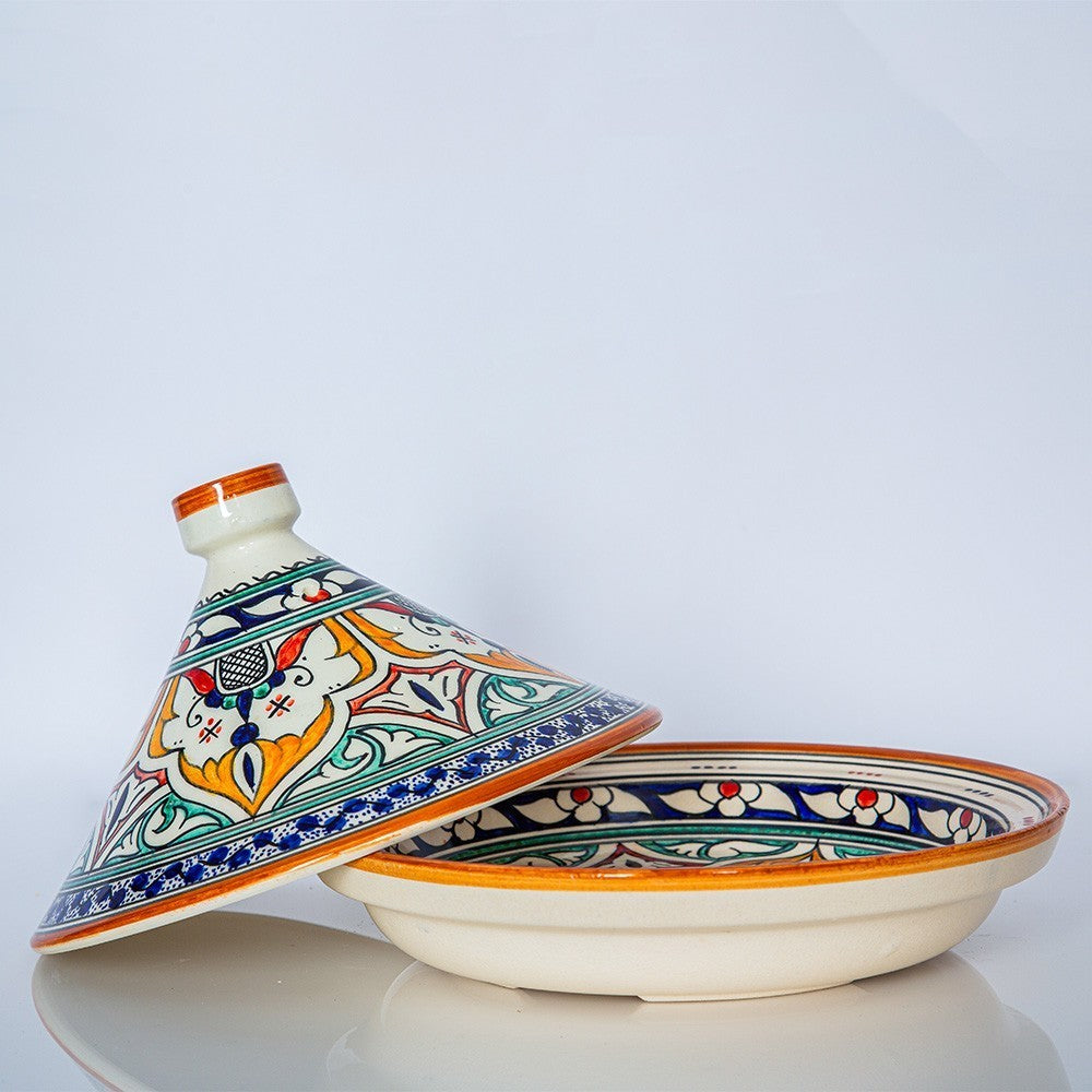 Hand-Painted Moroccan Tagine with Floral Design – 30cm Wide – White Clay – Dishwasher & Microwave Safe