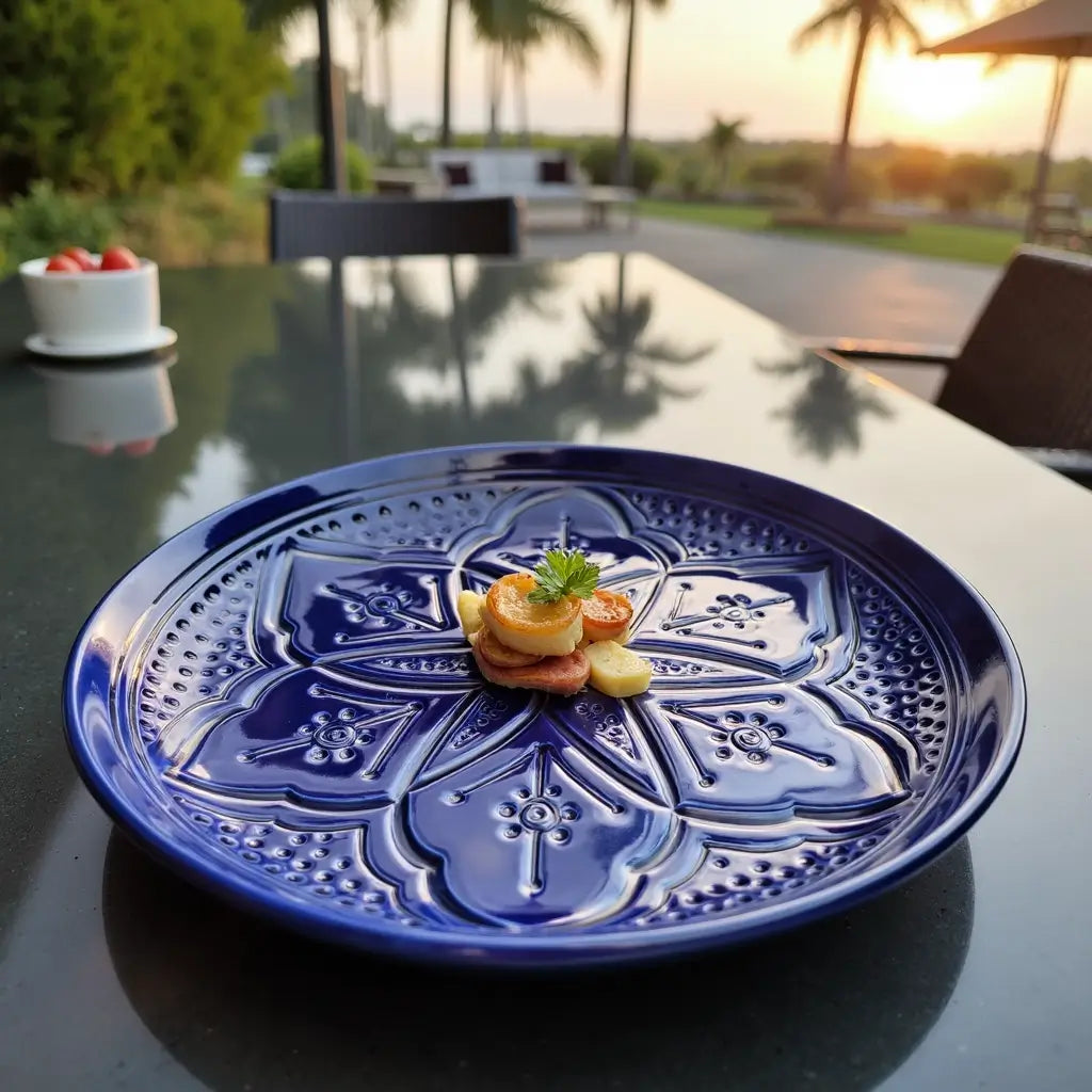 Moroccan Geometric Engraved plate Hand-Engraved Ceramic Plates 22cm – Premium Artisan Serving Dishes