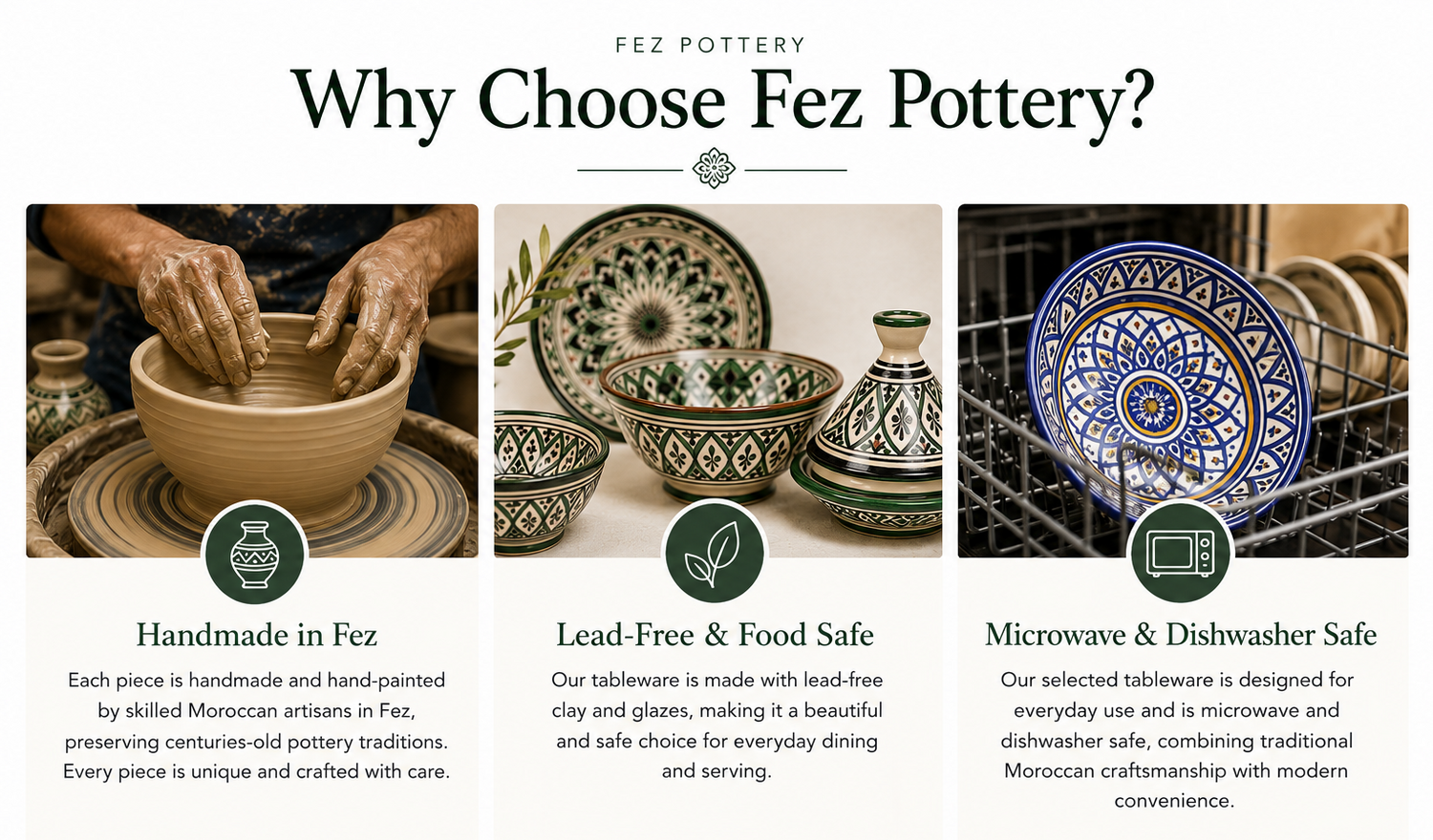 A promotional banner for Fez Pottery titled 'Why Choose Fez Pottery?' with three panels showing handmade ceramic tableware, including a hand on a pottery wheel, patterned bowls, and a blue-and-white decorated plate. Text highlights handmade production in Fez, lead-free and food-safe quality, and microwave and dishwasher safety.