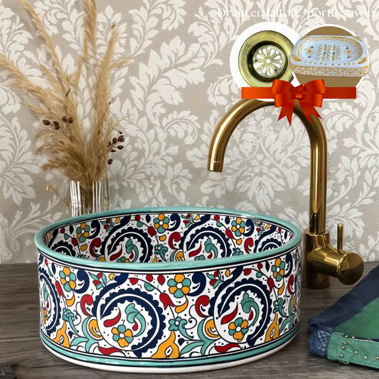 Handcrafted Sink – Fassi Rose Pattern – 4 Sizes – Includes Brass Drain Cover & Free Soap Dish Gift
