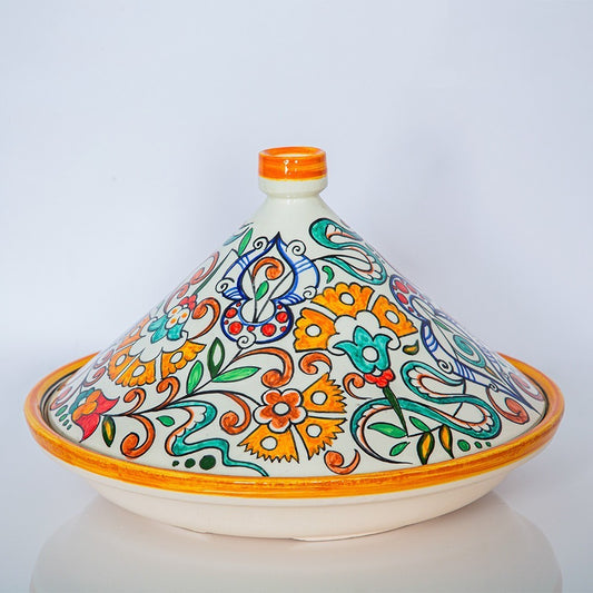 Hand-Painted Moroccan Tagine with Floral Design – 30cm Wide – White Clay – Dishwasher & Microwave Safe