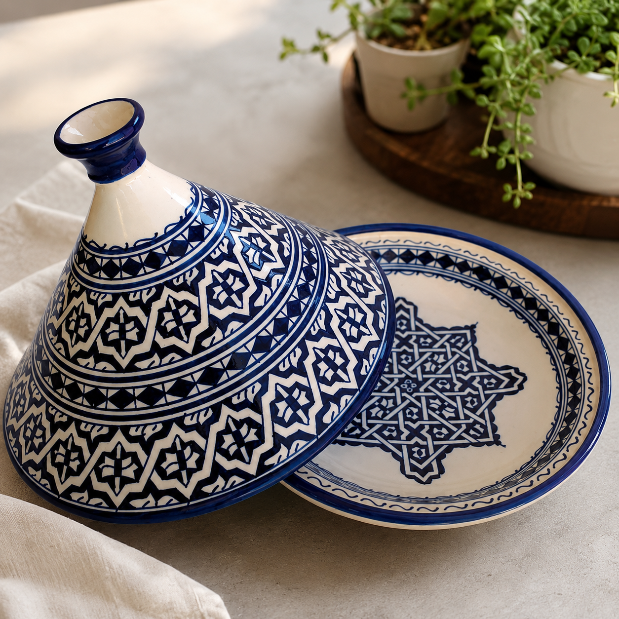A ceramic tagine pot with its matching lid leaning against it on a light fabric surface. The pot and lid are decorated with a white base and dark blue geometric patterns, with the tagine lid partially open to reveal the interior.