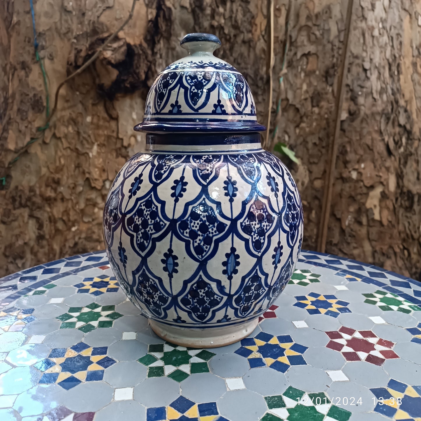 Handmade Moroccan fes pottery Blue & White Ceramic Jar with Lid – 30cm