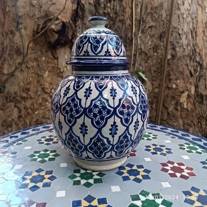 Handmade Moroccan fes pottery Blue & White Ceramic Jar with Lid – 30cm