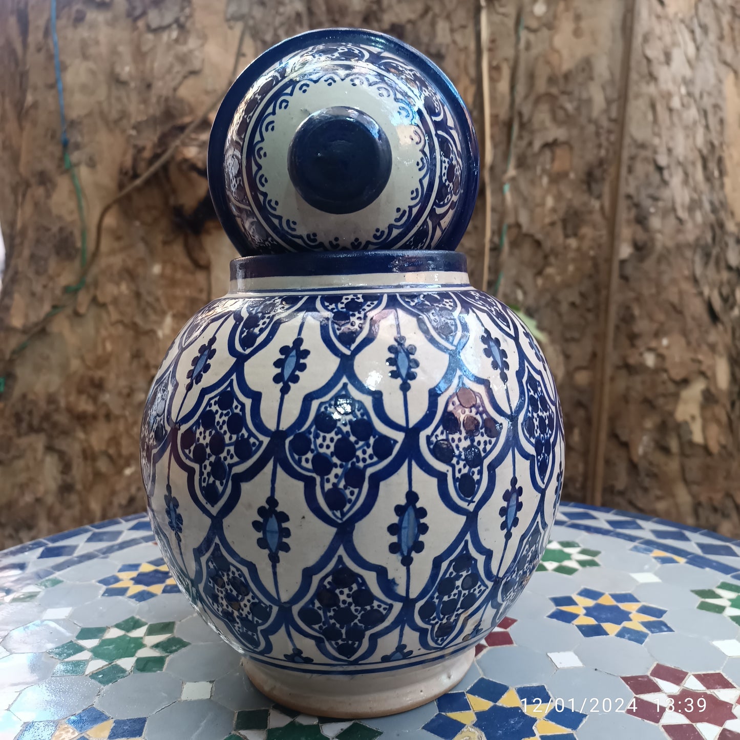 Handmade Moroccan fes pottery Blue & White Ceramic Jar with Lid – 30cm
