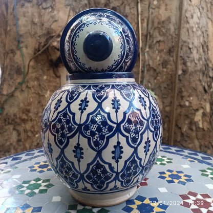 Handmade Moroccan fes pottery Blue & White Ceramic Jar with Lid – 30cm