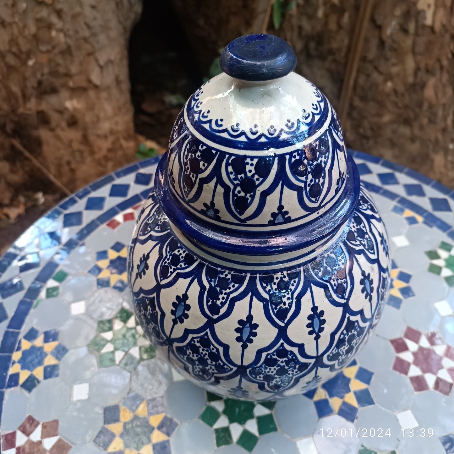 Handmade Moroccan fes pottery Blue & White Ceramic Jar with Lid – 30cm