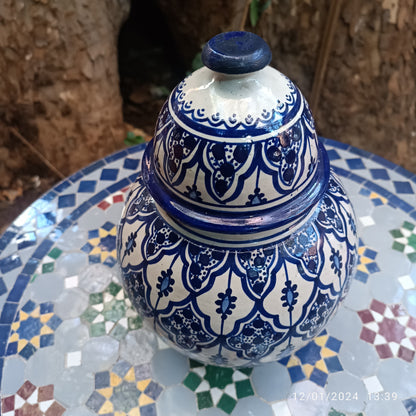 Handmade Moroccan fes pottery Blue & White Ceramic Jar with Lid – 30cm