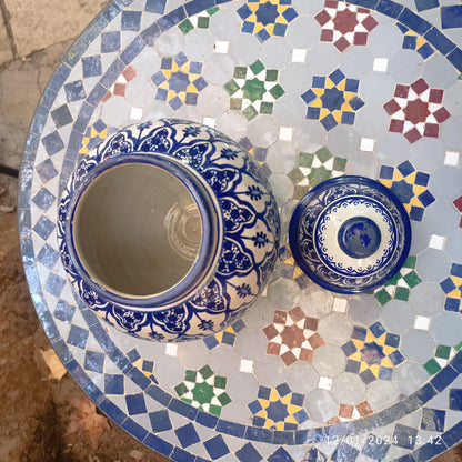 Handmade Moroccan fes pottery Blue & White Ceramic Jar with Lid – 30cm