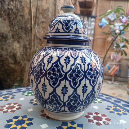 Handmade Moroccan fes pottery Blue & White Ceramic Jar with Lid – 30cm