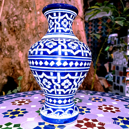 Moroccan ceramic vase, handmade and hand painted blue and white