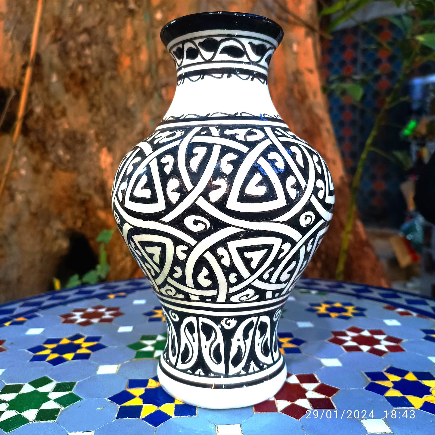 Moroccan ceramic vase, handmade and hand painted 28 cm black and white