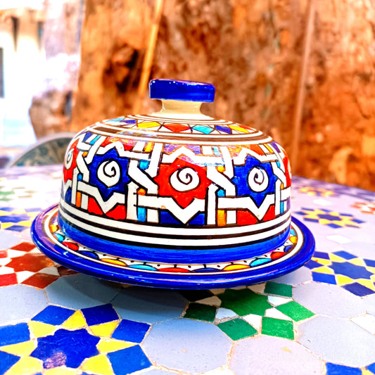 Hand-Painted Moroccan Butter & Cheese Dish – White Clay Art from Fez