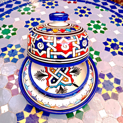 Hand-Painted Moroccan Butter & Cheese Dish – White Clay Art from Fez