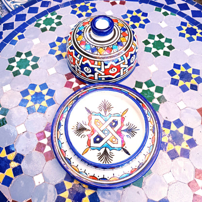 Hand-Painted Moroccan Butter & Cheese Dish – White Clay Art from Fez