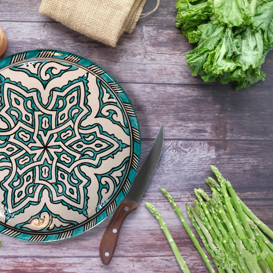 6 dinner plates green and white dinner set ,handmade and hand painted