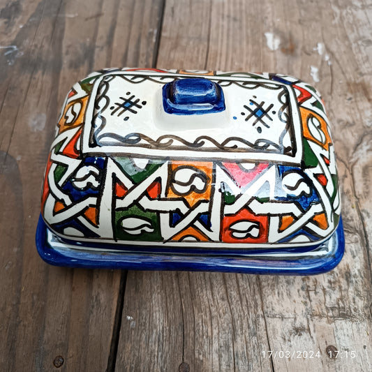 Moroccan Butter & Cheese Dish – White Clay Art from Fez - Hand-Painted