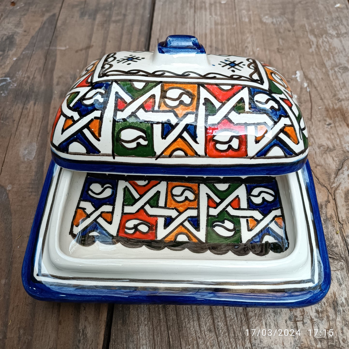 Moroccan Butter & Cheese Dish – White Clay Art from Fez - Hand-Painted