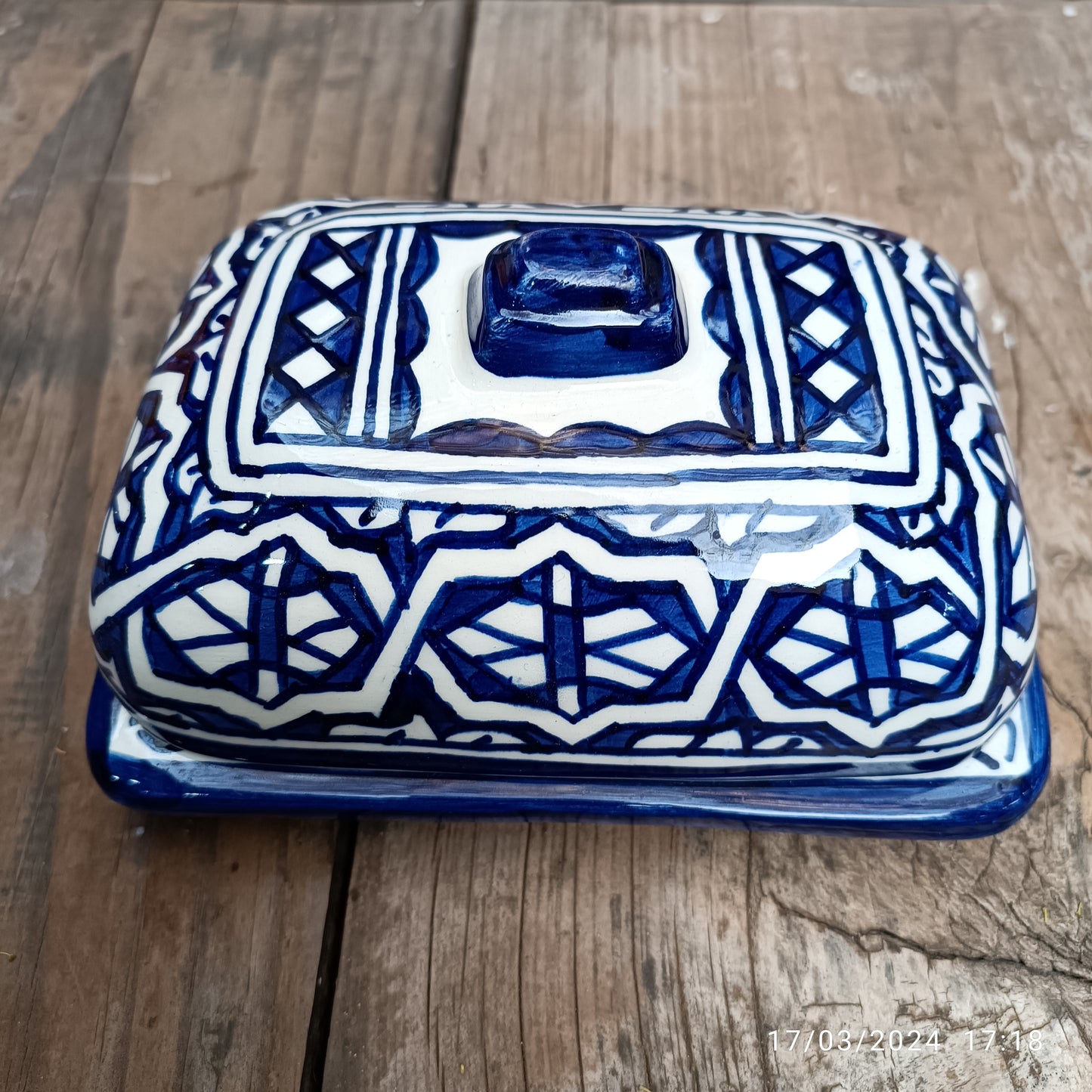 Moroccan Butter & Cheese Dish – White Clay Art from Fez - Hand-Painted