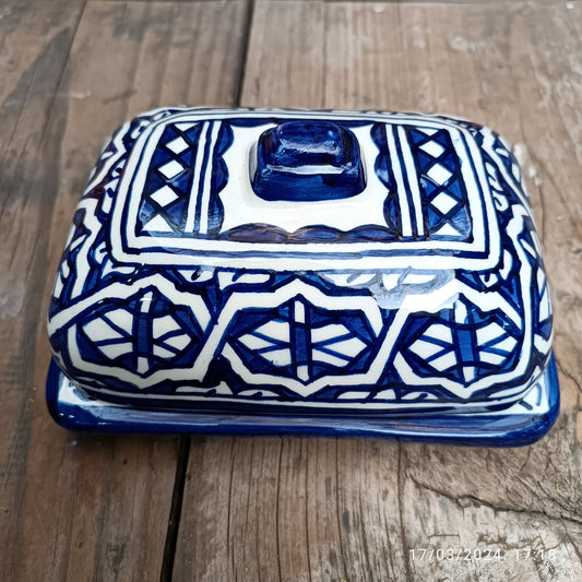 Moroccan Butter & Cheese Dish – White Clay Art from Fez - Hand-Painted