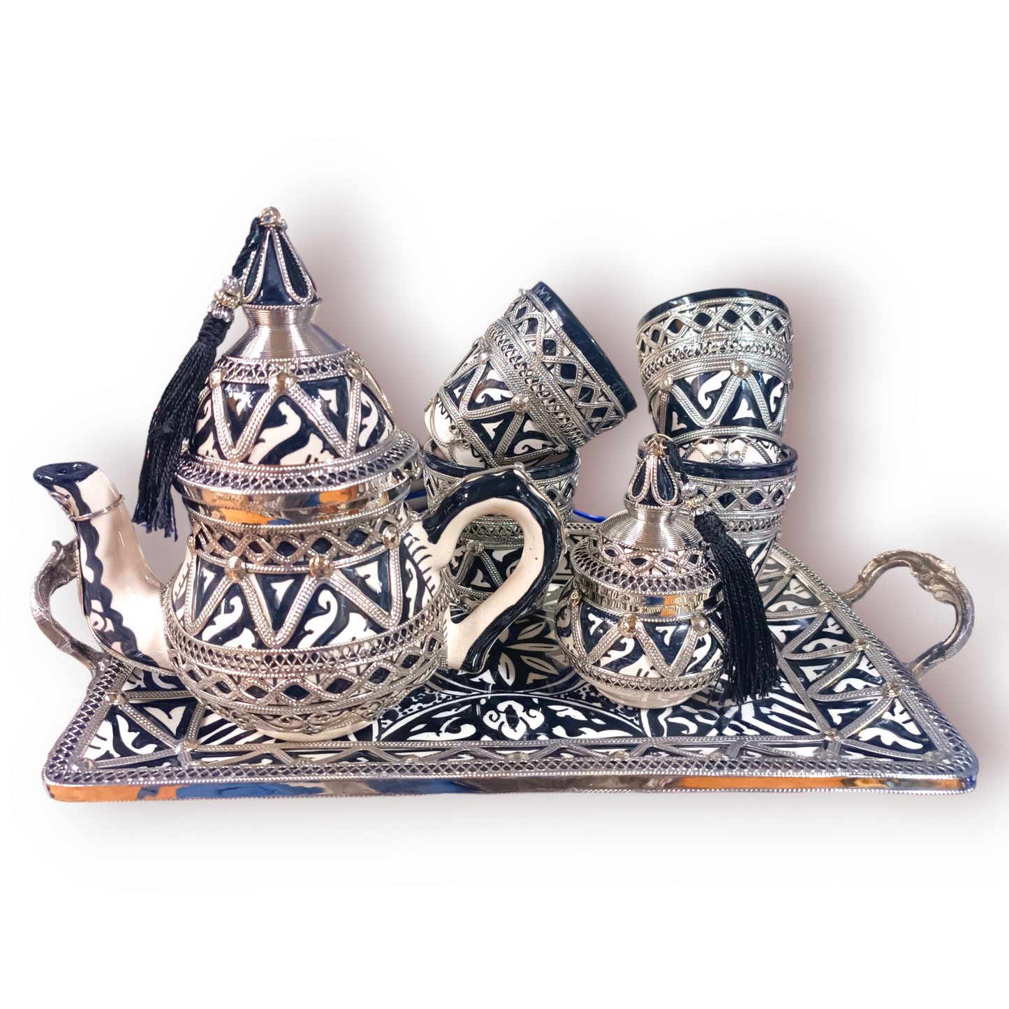 Antique Moroccan Tea Set with Silver Nickel Finish – 6 Pieces