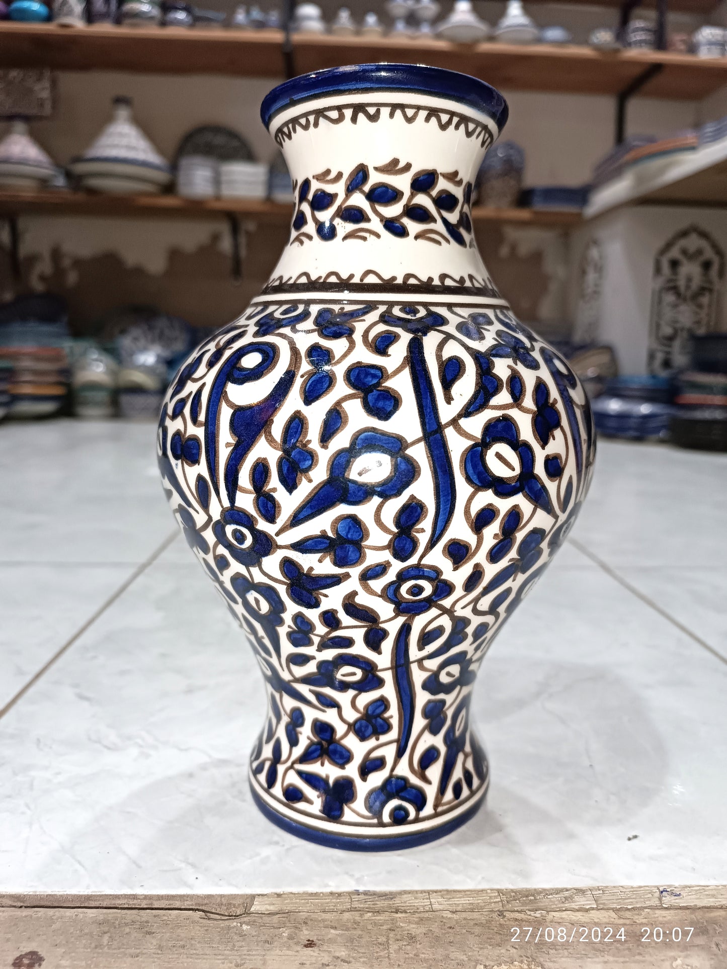 Moroccan ceramic vase, flower design hand painted blue and white