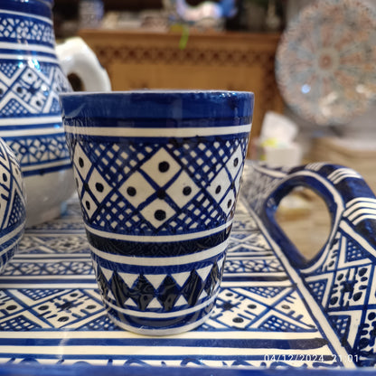 Handcrafted Blue & White Fassi Tea Set – 9-Piece Moroccan Clay Elegance
