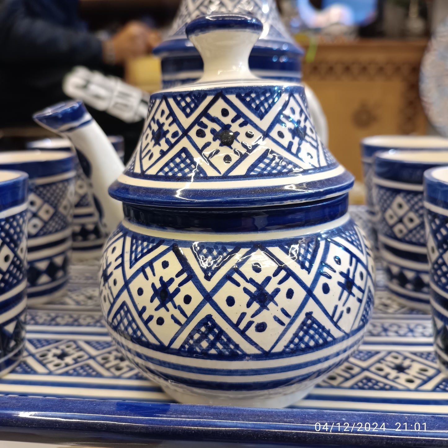 Handcrafted Blue & White Fassi Tea Set – 9-Piece Moroccan Clay Elegance