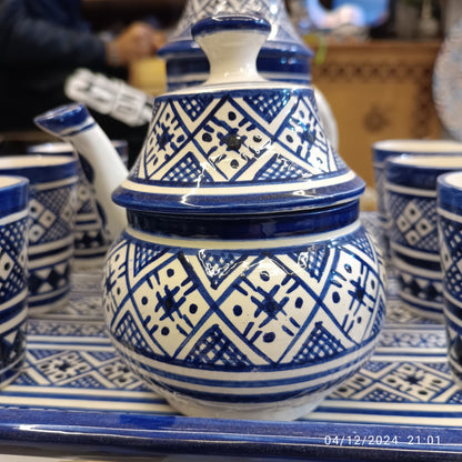 Handcrafted Blue & White Fassi Tea Set – 9-Piece Moroccan Clay Elegance