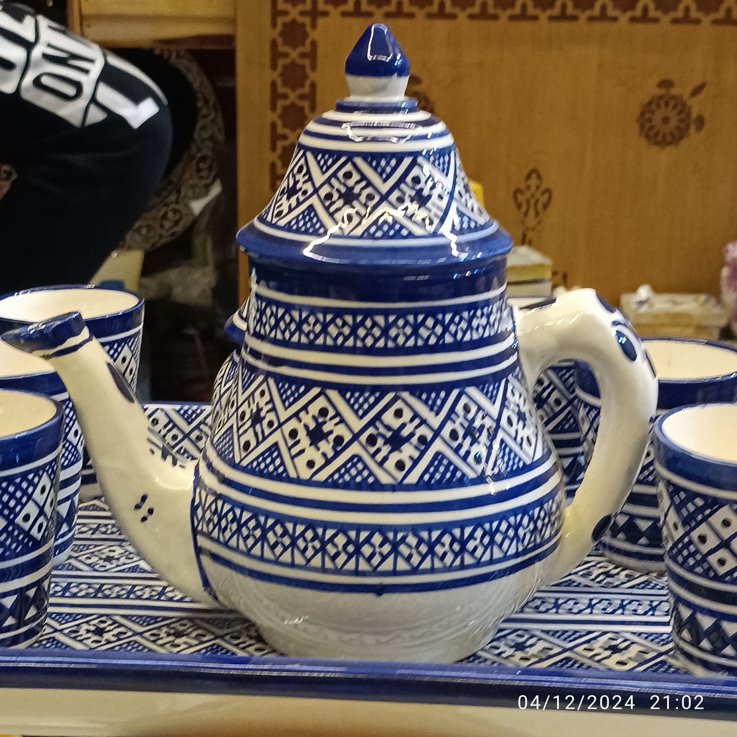 Handcrafted Blue & White Fassi Tea Set – 9-Piece Moroccan Clay Elegance