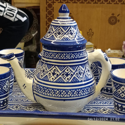 Handcrafted Blue & White Fassi Tea Set – 9-Piece Moroccan Clay Elegance