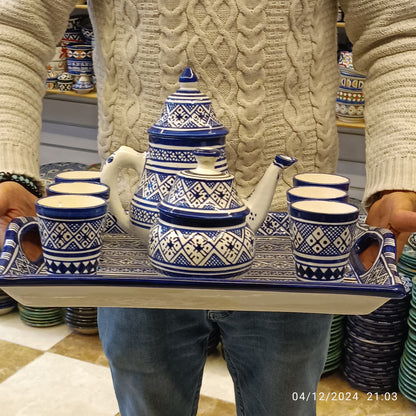 Handcrafted Blue & White Fassi Tea Set – 9-Piece Moroccan Clay Elegance