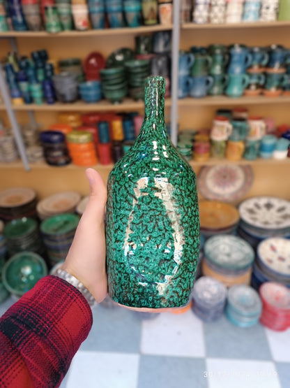 Handmade Bottle-Shaped Pottery Vase – Elegant Green Glaze
