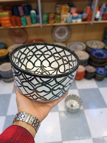 salad bowl from Fez - Moroccan pottery White and black ceramic