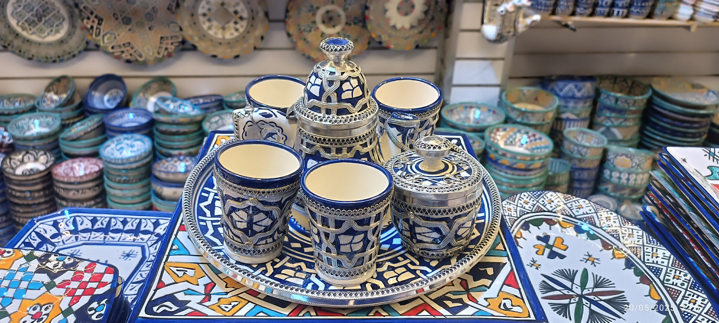 Moroccan Tea Set – Handcrafted Fez Pottery with Silver & Cobalt Blue