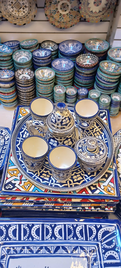 Moroccan Tea Set – Handcrafted Fez Pottery with Silver & Cobalt Blue
