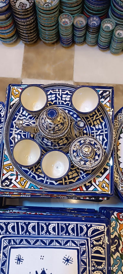 Moroccan Tea Set – Handcrafted Fez Pottery with Silver & Cobalt Blue