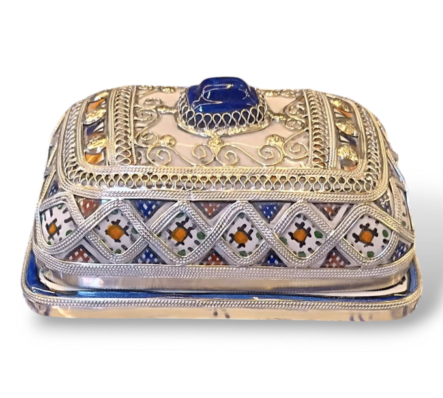 Handcrafted Butter or Cheese Dish with Silver & Nickel Inlay – Moroccan Artistry from Fez