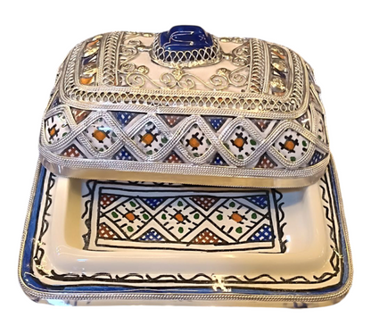 Handcrafted Butter or Cheese Dish with Silver & Nickel Inlay – Moroccan Artistry from Fez