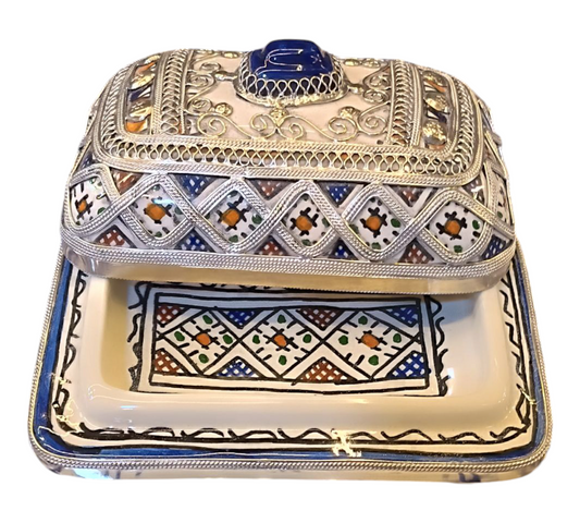 Handcrafted Butter or Cheese Dish with Silver & Nickel Inlay – Moroccan Artistry from Fez