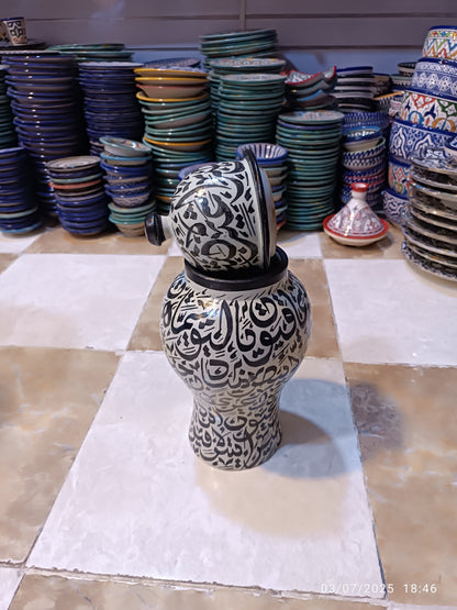 Traditional Jar-Shaped Vase Covered in Hand-Painted Arabic Alphabet Calligraphy