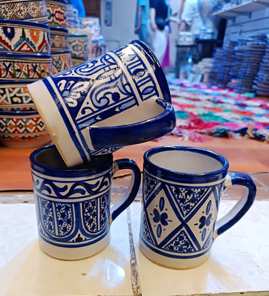Moroccan ceramics 3 large mugs blue and white handmade and hand-painted old motif