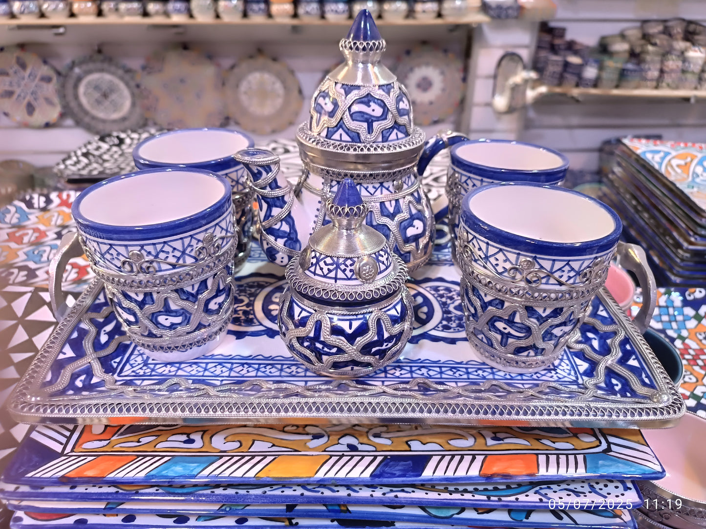 Luxury Moroccan Tea Set – Handcrafted Fez Pottery with Silver & Cobalt Blue